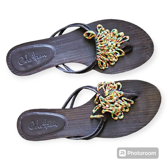 Cole Haan Shoes - Cole Haan Brown Beaded Kitten Heel Flip Flop Sandal Size  7